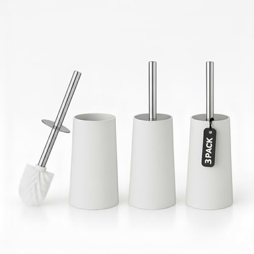 Toilet Brush & Holder | Modern Loo Brush set with elegant design | Toilet Cleaner Brush with Stainless Steel handle | Compact and efficient Toilet Brush set. (3, White 3 Unit)