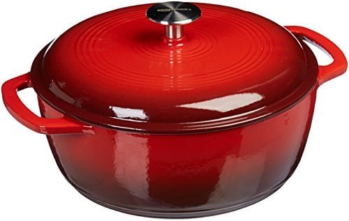 Amazon Basics Enameled Cast Iron Round Dutch Oven with Lid and Dual Handles, Heavy-Duty, 5.7 L, Red