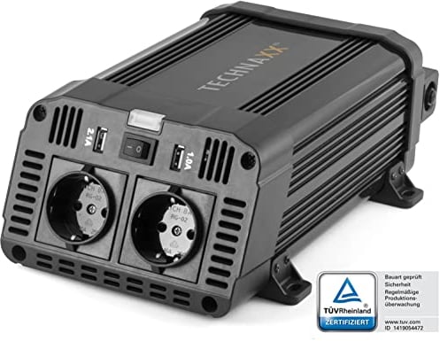 Technaxx KFZ Wechselrichter mit LC-Display 12V auf 230V - Auto Inverter mit 2x Schuko-Stecker und 2x USB-Port - Power 1200W / 2400W (Spitze) – Spannungswandler TE16