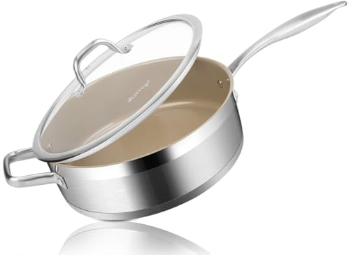 Duxtop Ceramic Non-Stick Sauté Pan, Induction Stainless Steel Sauté Pan, 5.5-Qt Deep Skillet with Lid, Professional Grade and Impact-Bonded Technology, Fusion Ti
