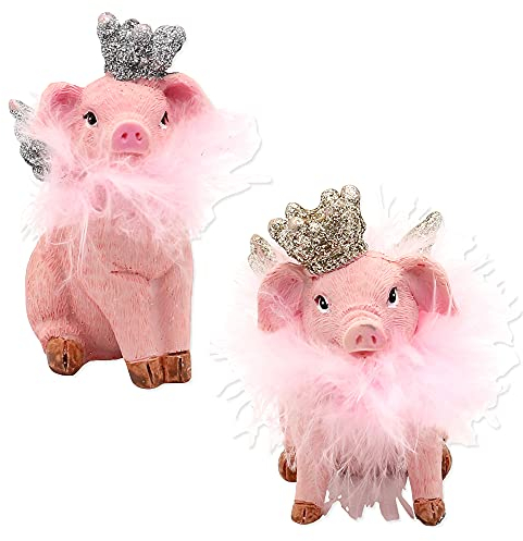 Keramik Deko-Schweine mit Krone und Glitter im 2er Set, in Pink-Rosa, L/B/H 4 x 5 x 8 cm.