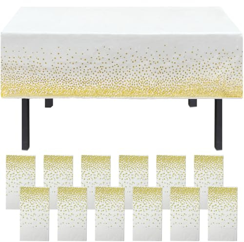 12PCS 137x274cm Gold Dot Disposable Plastic Tablecloth Wipe Clean,Waterproof Wipeable Dining Table Cover,Rectangular Oilcloth Table Cloth Party for Indoor Outdoor Garden Birthdays Weddings Christmas