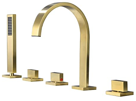 Badewannenarmatur Wannenrand 5-Loch Wannenrandarmatur Einhandmischer Wasserfall Wannenarmatur mit Handbrause Badewannen-Armatur Wannenrandkombination für Badezimmer,Gold