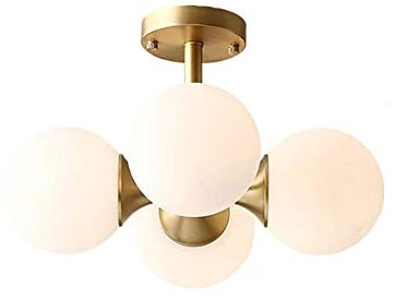 Vintage Laiton Plafonnier Appareil Semi Flush 4-lumières Lustre Avec Globe Opaline Verre Ombre Lampe De Plafond Pour Salon Couloir Entrée-Doré 40 * 26cm