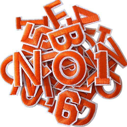 GYGYL 72 Pieces Iron on Letters and Numbers Patches, Orange Letter Patches Alphabet Embroidered Patch A-Z, Numbers 0-9 Applique for Clothes, Dress, Hat, Socks, Jeans, DIY Accessories