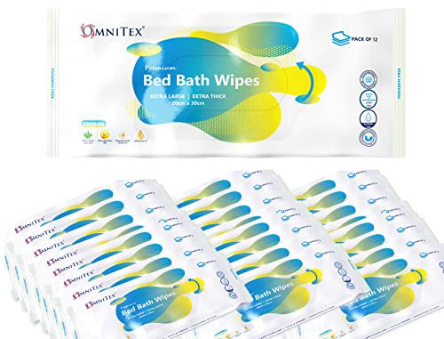 720x Omnitex Extra Thick Premium Bed Bath Wipes - Microwaveable | Extra Large, Rinse Free Body Cleansing for Elderly | Aloe Vera & Vitamins | Cleanse & Protect | Paraben & Alcohol Free | 60x12pk