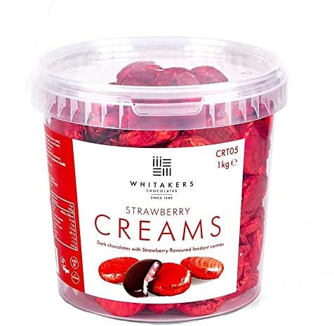 Whitakers Chocolates Dark Chocolate Creams - Red Foiled Fondant Cremes Plastic Tub (Strawberry, 1kg)