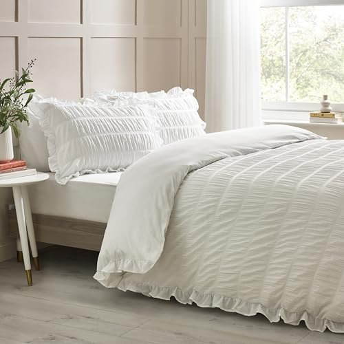 Catherine Lansfield Seersucker Rüschen-Bettwäsche-Set mit Kissenbezügen, für King-Size-Bett, Weiß