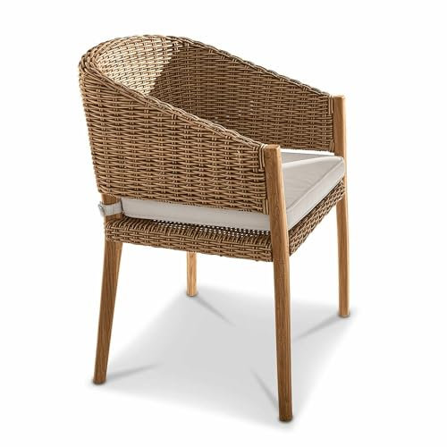 Loberon Stuhl Cumbria, Handgeflochten, inkl. Wetterfestem Sitzkissen, Rustikal-Romantisches Design, Gartenmöbel, Outdoor, Teakholz, Polyethylen, Olefinfaser, braun/beige