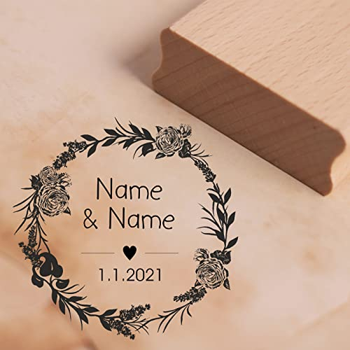 Motivstempel Rosen Vintage Kranz Hochzeit Namen + Datum Herz Stempel Hochzeitsstempel personalisiert - 48 x 47 mm