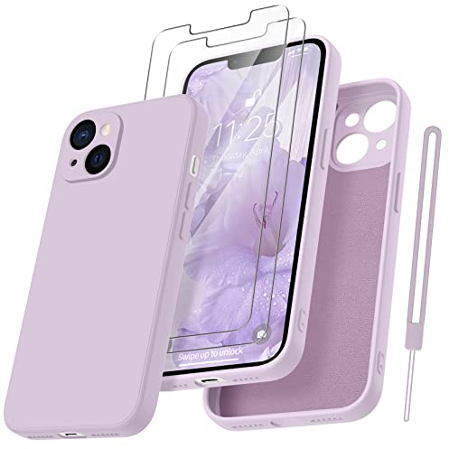 Qasyfanc Handyhülle für iPhone 13 Hülle mit 2 Stück Hartglas Schutzfolie, Silikon Case Ultra Dünn Microfiber Kameraschutz Rundumschutz Anti-Kratzer Handyhülle für iPhone 13 6.1''- Lila