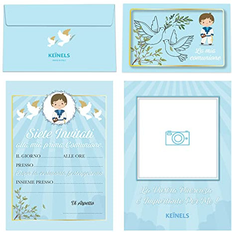 KEÏNELS Kommunionseinladungen mit Original-Umschlägen für Kinder, 16 Karten und 16 Umschläge, Erstkommunion, männlich, Original-Kommunionsset