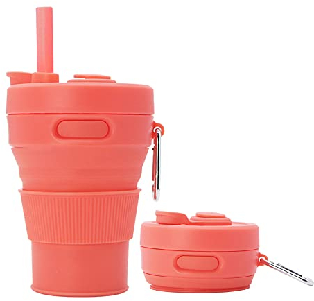 UNNESTAR Silikon-Kaffeetasse, faltbare Becher für Camping, faltbar, Reisen, mit Strohhalm, wiederverwendbar, tragbar, Trinkbecher, Outdoor, Wandern, 450 ml