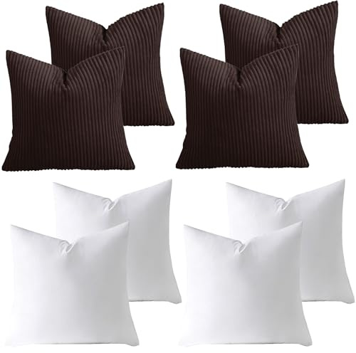 AMEHA Stripe Coffee Cushions with Covers included 45 x 45 cm Pack of 4 (4 Covers, 4 Inserts) Decorative Square Throw Pillowcases for Couch Bedroom Sofa with Invisible Zipper 18x18 inches