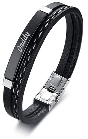 BCughia Armbänder Zum Gravieren, Bracelet Herren Schwarz Leder Erkennungsmarke mit Gravur Daddy Armbänder 19.5x0.5cm