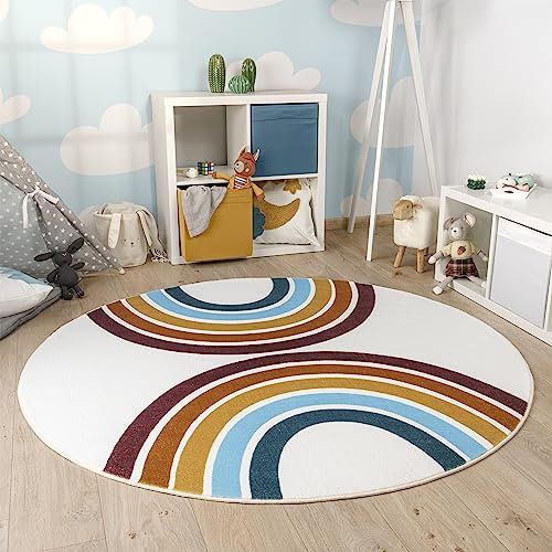 Paco Home Kinderteppich Teppich Kinderzimmer Rund Spielmatte Babymatte Waschbar Bis 30 Grad Sonne Regenbogen Schriftzug Motiv, Grösse:Ø 100 cm Rund, Farbe:Bunt 2