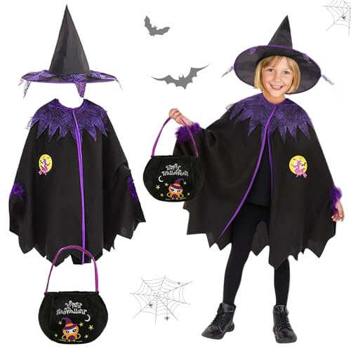 NHYDZSZ Costume da Strega Halloween, Costume Strega Bambina Ragazze, Bambini Strega Vestiti Con Cappello Strega e Sacchetti di Caramelle, Costume Cosplay Per Carnevale Halloween Festa, Nero, Viola