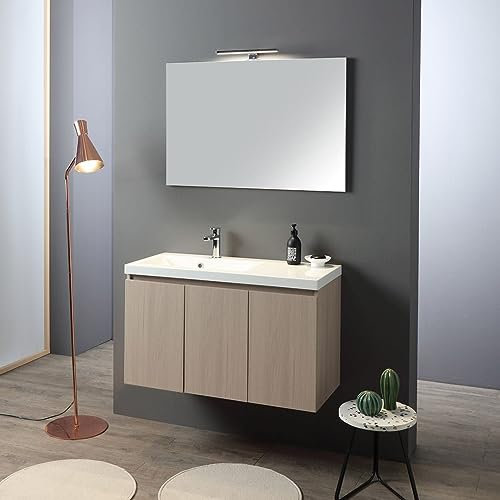Kiamami Valentina - Mobile de Salle de Bains Suspendu de 90 cm avec 3 Portes en Olmo, lavabo en résine et Miroir de 90x60.