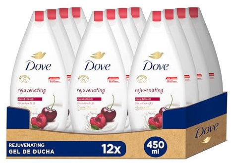 Dove Gel de Ducha Rejuvenecedor de Cereza con una mezcla única de 3 hidratantes botella 450ml, Pack de 12 Unidades