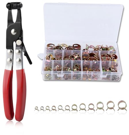 LEONTOOL 120pcs 7-22mm Spring Band Hose Clamp with Swivel Flat Band Fuel Hose Clamp Pliers Assortment Kit, 12 Sizes Silicone Vacuum Hose Action Pipe Clamp, Low Pressure Air Clip Clamp Fasteners