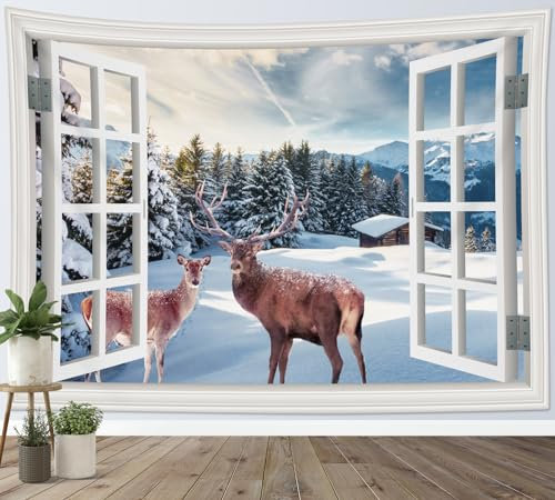 LB Wandteppich Winterlandschaft Wandtuch Hirsche im Wald Wandbehang Schneeberg aus dem Fenster Tapisserie für Wohnzimmer Schlafzimmer Wohnheim Wanddeko,150Bx130H cm