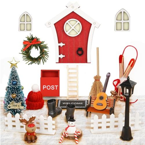 25 Stück Wichteltür Zubehör Weihnachten, Weihnachtsdeko Holz Wichteltür, Weihnachtswichtel Set, Miniatur Wichtel Zubehör Weihnachten, Wichteltür Set mit Weihnachtsbaum, Briefkästen, Stiefel, Leiter