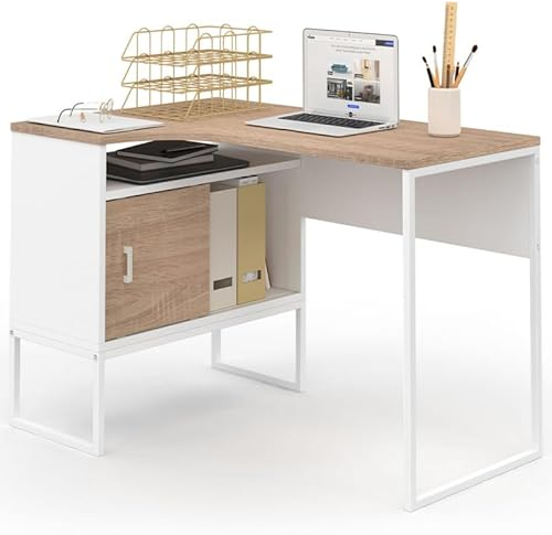 IDMarket - Bureau d'angle Rob Blanc et façon hêtre Niche de Rangement et Porte Design Industriel