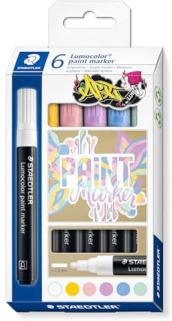 STAEDTLER Lumocolor 349 ART Acryl-Marker – 6er Set, sortiert | Rundspitze 2,4 mm, permanente Acryltinte – wisch- & wasserfest – Art.-Nr. 349 C6-1