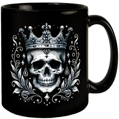 Skelettkönig Tasse schwarz in Schwarz Skelettkönig Kaffeebecher Edler Totenkopf mit Krone Monarchie-Schädel Knochen-Kopf einzigartiges Skelett-Design