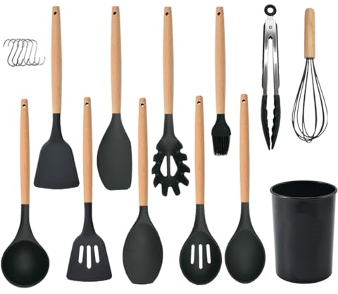 Kitchen Utensil Set 12 PCS Silicone Cooking Utensils Set with Wooden Handle, Heat Resistant, Nonstick Cookware Tongs Spatula Spoon Set Dishwasher Safe Best Kitchen Tools with Holder (Black)