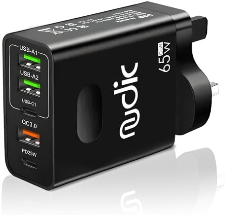 Nudic 65W USB C Fast Charging Block with 4 Ports, Travel Adapter for iPhone 15/16, iPad, MacBook, Galaxy S24 S23, Pixel 8,9 (Black)