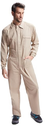 KINKIES Arbeits-Overall für Herren mit zentralem Reißverschluss und mehreren Taschen – bequeme Arbeitskleidung, sandfarben, XL