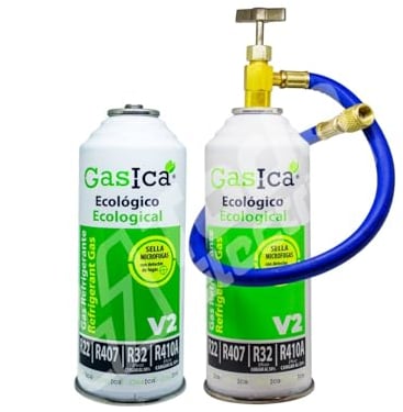 Ralertreik Pack Gasica V2 Gas Refrigerante Organico Sustituto del R22/R407/R32 y R410A (2 Botellas + manguera + llave)