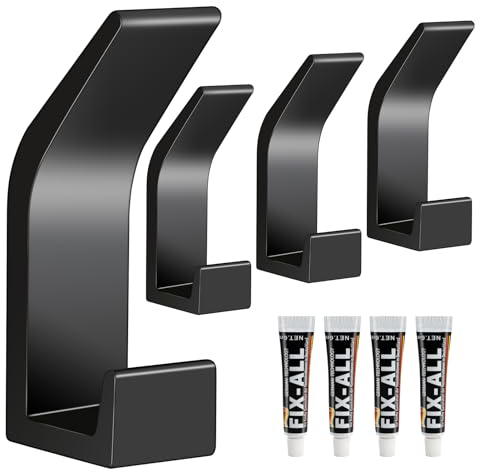 4 Pcs Porte Manteau Mural, Crochet Adhesif Mural en Aluminium, Patere Murale Auto-Adhésif, Idéal pour Cuisine, Salle de Bain et Bureau, Porte Serviette sans Perçage, Accroche Torchon Cuisine(Noir)