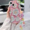 for iPhone 13 Mini Curly Wavy Case, Cute Colorful Retro Oil Painting Flower Glossy Pattern [with Bead Chain], Slim Fit Shockproof Protective Cover for Girls Women, Pink