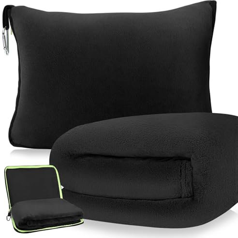 DAWNTREES Reisedecke,180x100cm,2 in 1 Packbare Flugzeugdecke und Kissen Essential für Flugzeug, Auto, Fernreisen und Outdoor Camping (Schwarz)