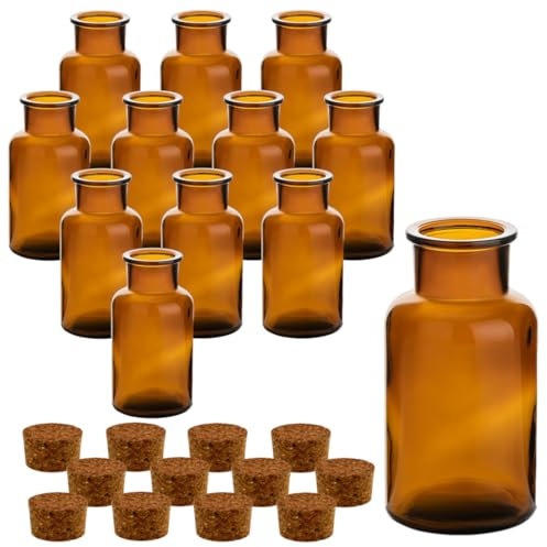 gouveo 12er Set Gewürzgläser 250 ml Antik rund mit Korken - Braune Korkengläser mit Korkverschluss - Leere Vorratsgläser für Kräuter, Gewürze (CBA250PK)