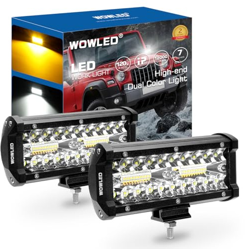 WOWLED 2 Pack 7 LED Light Bar, 12V Spotlights White and Amber Dual Color Offroad Driving Lights Work Bar, Waterproof light bar for 4x4 Combo Beam LED Bar Lights for Car Boat Camp Light Truck 4x4