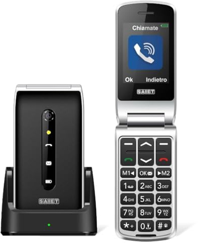 SAIET VANTO Cellulare per Anziani Facile da Usare, Display 2.4 a Colori | Telefono a Conchiglia con Base di Ricarica, Tasti Grandi Retroilluminati e Tasto SOS - Memoria fino a 16 GB - Nero