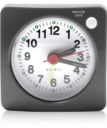 Silent Alarm Clock, Mini Travel Alarm Clock Bedside Luminous Non Ticking Battery Operated Analog Clocks Quiet Glow Display with Snooze and Nightlight Function, Lightweight Clock for Bedrooms Traveling