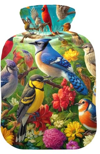 Colorful Birds Hot Water Bottles with Soft Velvet Cover Hot Water Bag for Neck, Shoulder and Menstrual Cramps, 1 Liters