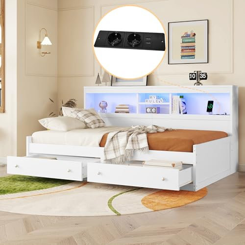 Cayipng Doppelschlafsofa mit USB, Schlafsofa 2-Sitzer, 90 x 200 cm, Einzelbett mit Stauraum, Raumbeleuchtung, Bett mit zwei Schubladen, Bett mit Lattenrost (ohne Matratze), weiß