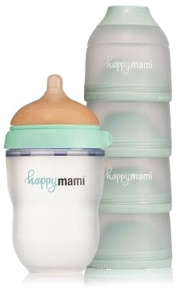 Happymami - Pack Biberon Personnalisable en Forme de Sein + Distributeur de Lait en Poudre, Ensemble d'Alimentation pour Bébé, sans BPA, Double Système Anti-colique, Lavable au Lave-vaisselle