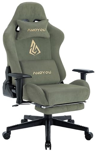 Andyou Gaming Stuhl, Ergonomischer Gaming Stuhl mit Fußstütze, Atmungsaktiver PC Stuhl mit verstellbare Lendenkissen, Kopfkissen und Armlehnen, 150 kg Belastbarkeit Computerstuhl, Grün