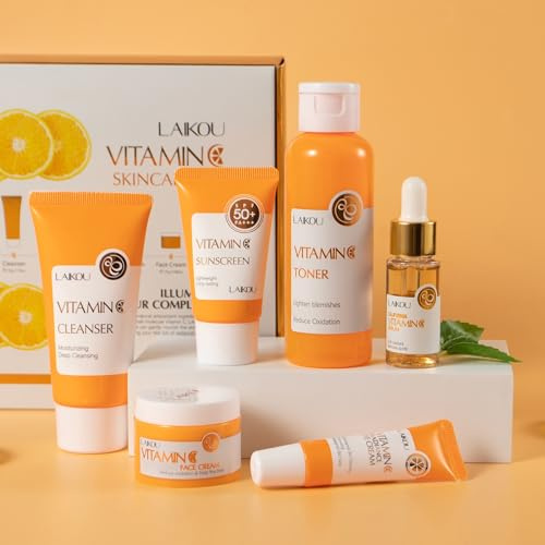 LAIKOU Vitamin C Hautpflege Geschenkset, 6 stück Gesichtspflege Set | Gesichtspflege Teenager Mädchen, mit Serum Reinigung Toner Augencreme Gesichtscreme Sonnenschutz, für Hauttypen Frauen Männer