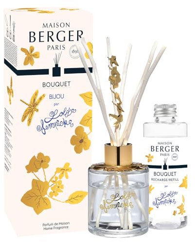Maison Berger Diffuseur Bouquet Parfumé Lolita Lempicka 100ml – Bâtonnets Saule Végétal – Longue Diffusion Élégante, Idée Cadeau Maison Raffinée - Bijou Plat en Feuilles de Lierre dorées (Transparent)