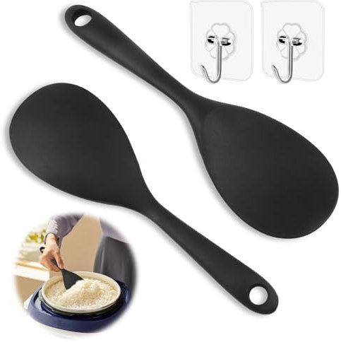 CJMUQHEHH 2 cucharas de silicona antiadherentes para arroceras, cucharas de cocina de silicona para puré de patatas, arroz de sushi y más, color negro