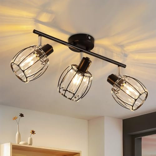 ZMH Deckenstrahler 3 Flammig Deckenleuchte Vintage - Deckenlampe Schwarz Kristall Design Wohnzimmer Strahler Retro E14 Metall 350°Schwenkbar Spots für Flur Schlafzimmer Küche (Ohne Leuchtmittel)