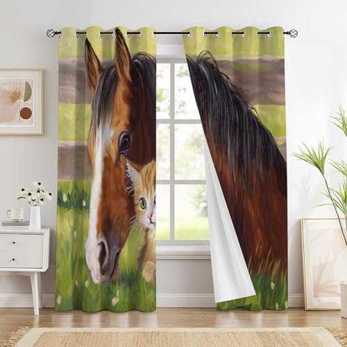 SMBHIAON Grünes Gras Gardinen Schlafzimmer H210 × B132 cm (2er Pack) Thermovorhang Verdunkelungsvorhang Modern Vorhänge 3D Tiere Pferde Katzen Muster Blickdicht Ösenvorhang