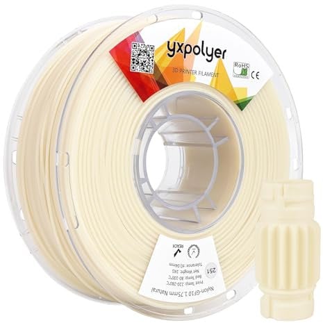YXPOLYER Nylon Glasfaser Filament PA6 GF 1,75 mm 1kg Nylon-GF Naturweiß, 10% glasfaserverstärkt, färbbares 3D-Druckmaterial für Industrie & Technik mit wiederverwendbarer PC-Spule